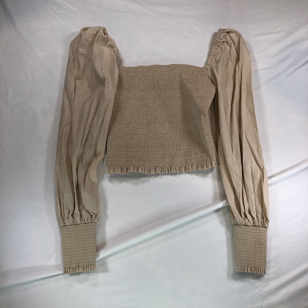 Gianni Bini Tan Smocked Puff Sleeve Crop Top Square Neck Beige S